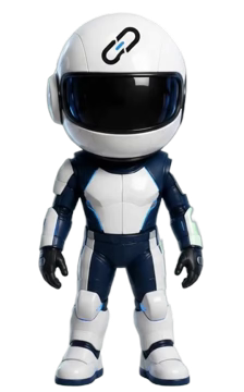 Link, de wit-blauwe LinkLease robotmascotte met zwart helmvisier